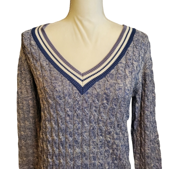 EUC Brora Varsity Stripe V-Neck Metallic Thread Sweater - Picture 2 of 10